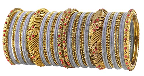 Image of NMII Metal with Zircon Gemstone and Beads Studded Ball Chain Linked Glossy Finished Velvet Bangles Chuda set for Women and Girls
