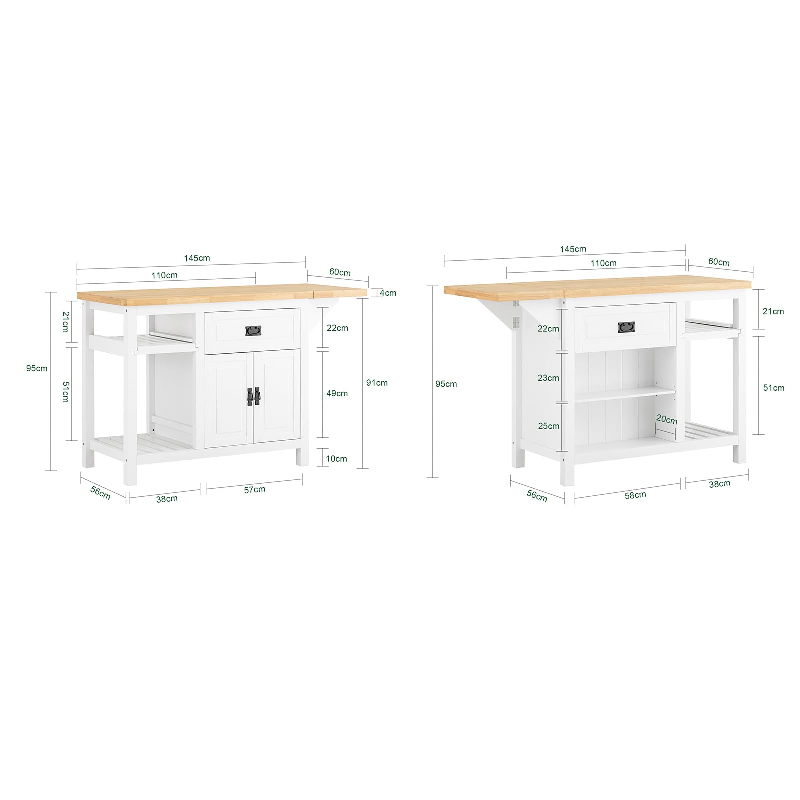 SoBuy KNL06-WN Kücheninsel mit erweiterbarer Arbeitsfläche freistehend Küchenschrank Highborad Kommode Sideboard Bartisch Esstisch Buffet Weiß-Natur BHT ca. 110-145x95x60cm