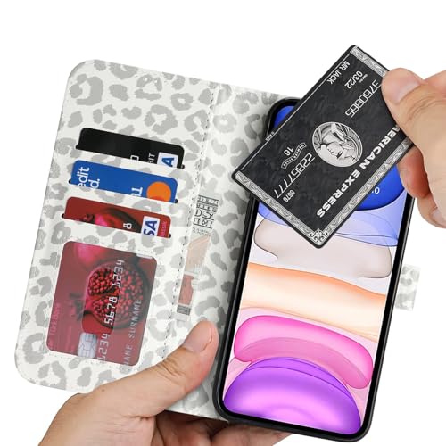 Image of for iPhone 11 Case Wallet with Card Holder,for iPhone 11 Wallet Case for Women Men,PU Leather Shockproof Magnetic Buckle Stand Flip Phone Case-White Leopard
