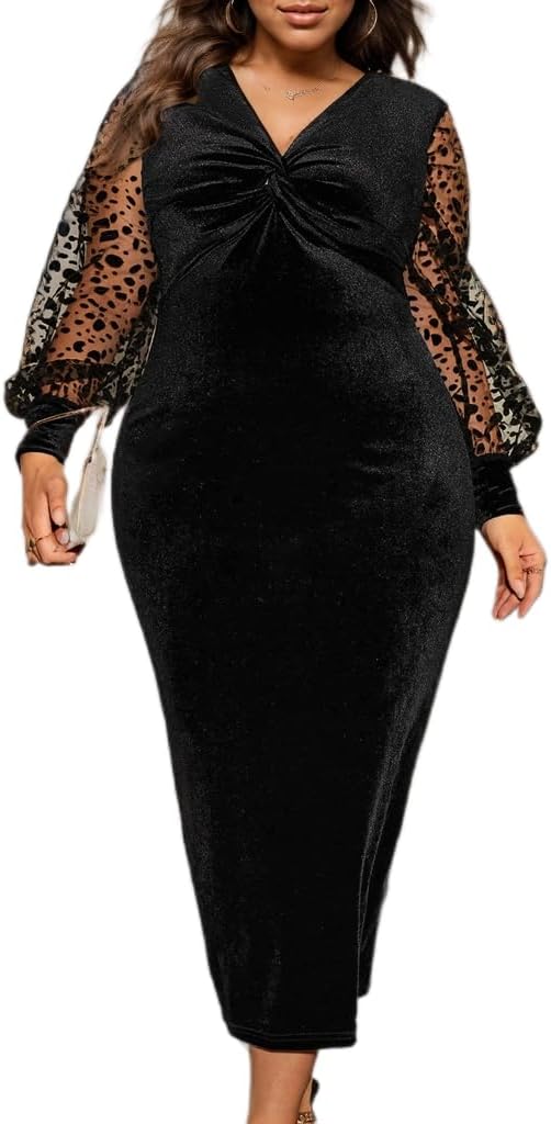 ACWUMU Women's Formal Velvet Dress V Neck Sheer Long Sleeve