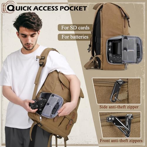 Image of RAINSMORE Camera Backpack, DSLR SLR Mirrorless Camera Bag for Photographer | 15.6 Inch Vintage Canvas Camera Case with Laptop Compartment & Tripod Holder & Rain Cover for Sony Canon Nikon Fujifilm Khaki