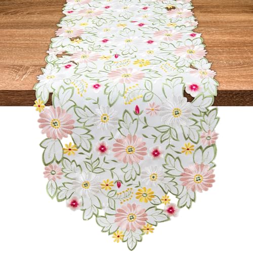 Camino de Mesa Floral, Lavable Camino Mesa Flores, Primavera y Verano Camino de Mesa Moderno, Floral Camino de Mesa Bordado 35 x 87 cm, Camino de Mesa Flores para Comedor, Fiesta Decoración de Mesa