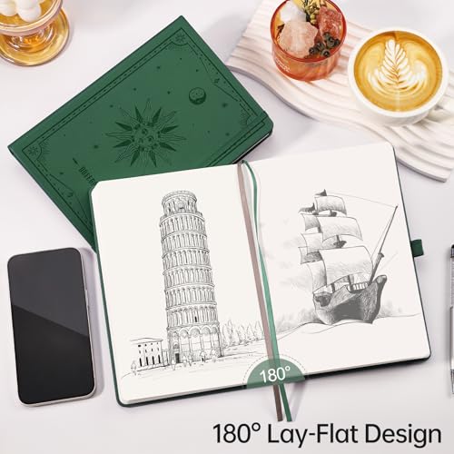 Image of EMSHOI Blank Journal Notebook, 192 Pages, A5 Size (5.7'' x 8.3'') | Leather Hardcover, 100 GSM Thick Paper, Unlined, Plain, for Sketching, Drawing, Painting, Sun Debossed (Dark green)