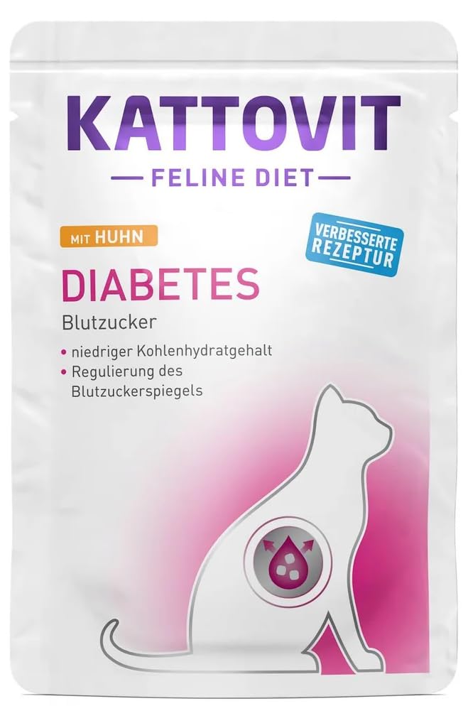 Kattovit Feline Diet Diabetes/Gewicht 12 x 85 g Huhn | Diät-Nassfutter für Katzen mit Diabetes | fettarm | ballaststoffreich | mit L-Carnitin für Gewichtsmanagement