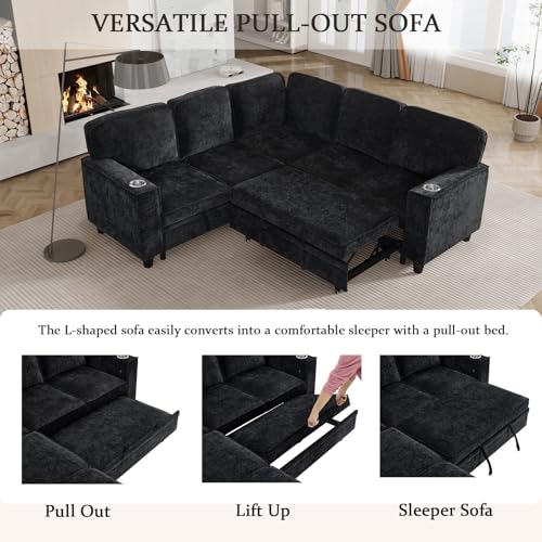 Image of KEIKI 81 inch L-Shaped Oversized Chenille Modular Sectional Sleeper Sofa with Pull-Out Bed, Storage Seat, Modern 5-Seater Upholstered Couch Bed with Charging Station, Easy Assembly, for Living Room, Black