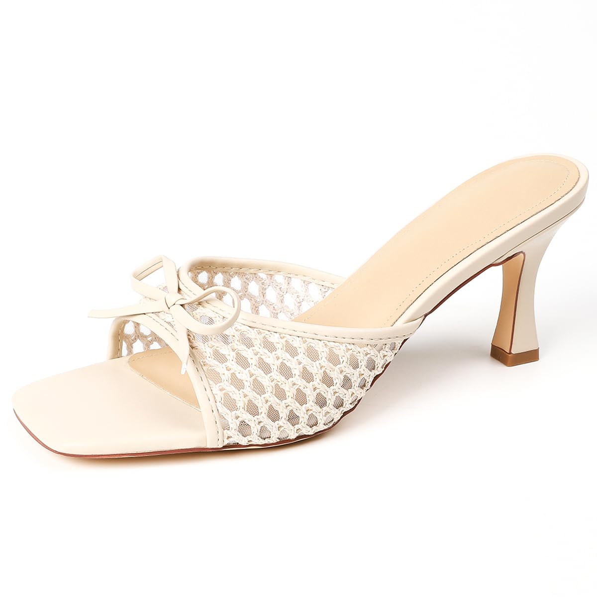 Mule Donna in Pizzo Mesh con Fiocco e Punta Quadrata, Tacco a Spillo 8cm - Bianco Panna