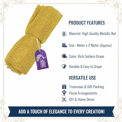 Image of Asian Hobby Crafts Fabric Mesh Net, DIY Craft Material for Bouquets, Gift Wrapping, Trousseau Packing, Party Decorations, Sweet Boxes, Gift Decoration, Home Decor & Creative Projects - 7 Meter Golden