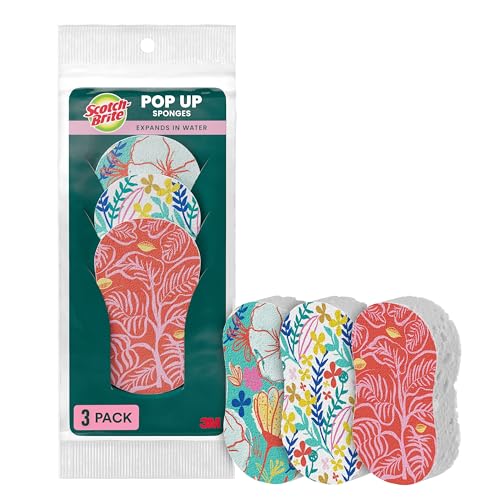 Image of Scotch-Brite Pop Up Kitchen Sponges, Unique Compressed Kitchen Sponge for Cleaning Gently, Floral Pattern Dish Scrubber that Expands with Water, 3 Scrubbing Sponges
