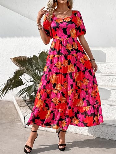 Image of PRETTYGARDEN Puff Short Sleeve Cewneck Floral Long Fall Dresses for Women 2025 Flowy Tiered Hem Maxi Wedding Guest Dress