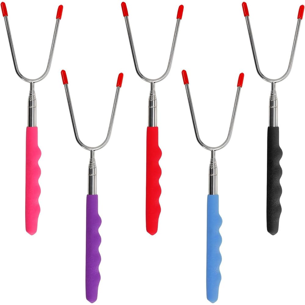 TOMVAES Roasting Sticks, 5 Pack Stainless Steel Marshmallow Sticks Kit, Extendable Rotating Barbecue Forks, Telescoping Fire Pit Forks, Camping Bonfires Grilling Skewer Forks, 7.5 * 24.5 * 1.7cm