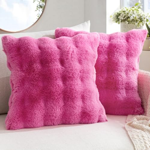 MIULEE Faux Fur Pillow Covers Thick Soft Plush Throw Pillows Luxury Home Decor for Couch Bed Bedroom Living Room Sofa,20x20 Inch Pack of 2 Hot Pink