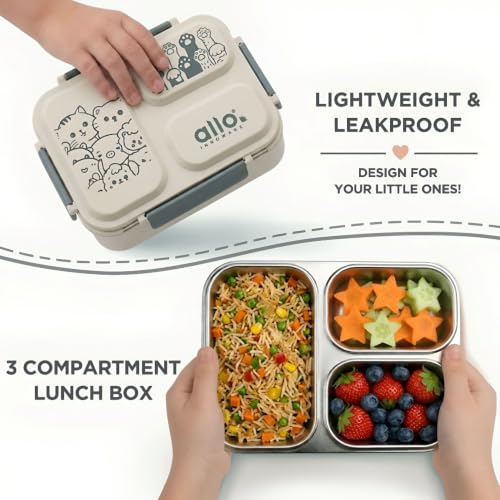 Image of Allo Bento Stainless Steel Lunch Box for Kids- BIS Approved, 304 Stainless Steel 3 Compartment Leakproof Tiffin Box for Boys and Girls for School, Travelling, Baby Snacks, 740ml Green Cats
