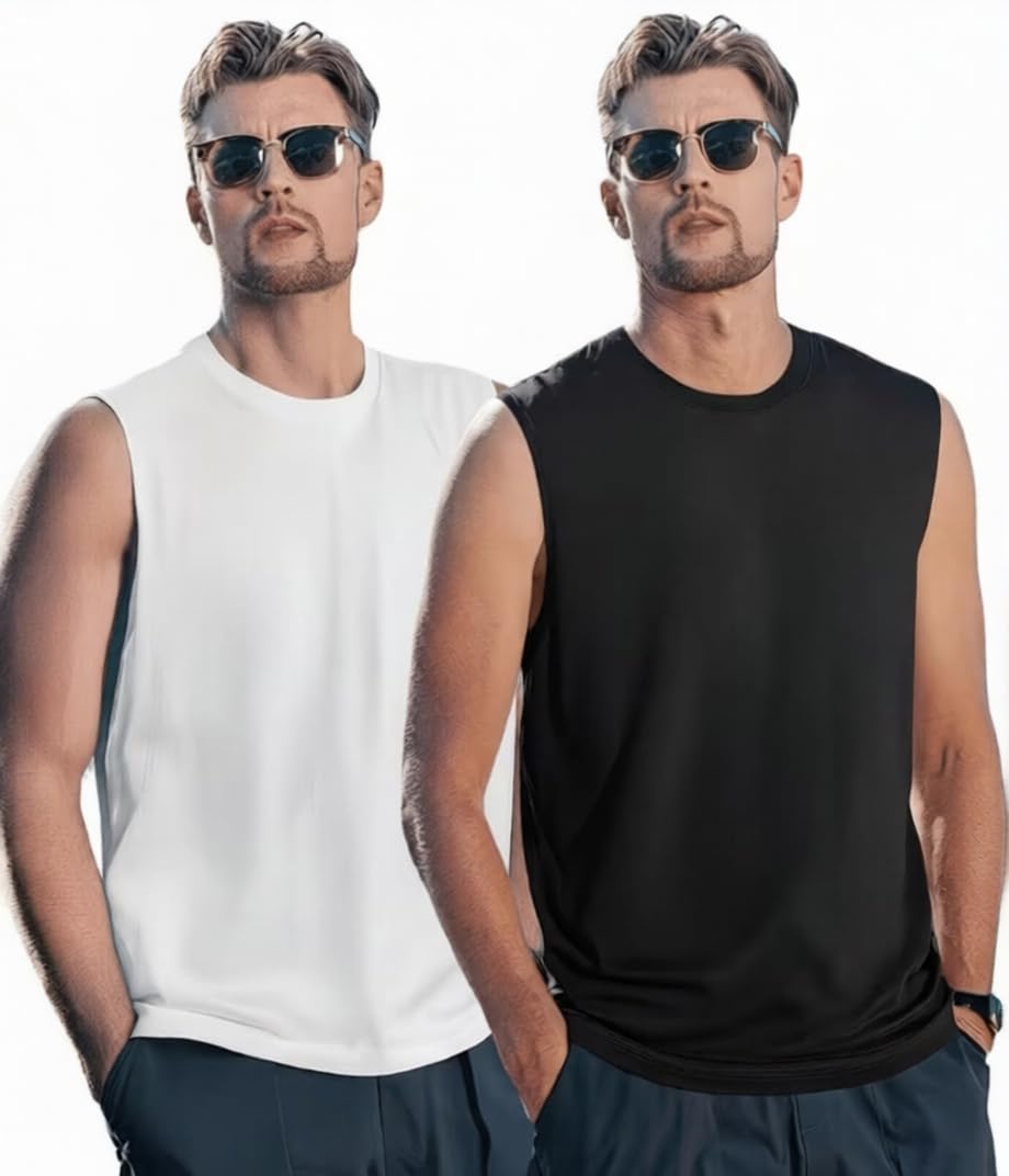 kritagya bharat Men's Sleeveless Solid Tank Top, Pack of 2, Black & White, 100% Cotton, Round Neck, Lightweight, Casual Gym Wear-picture-57