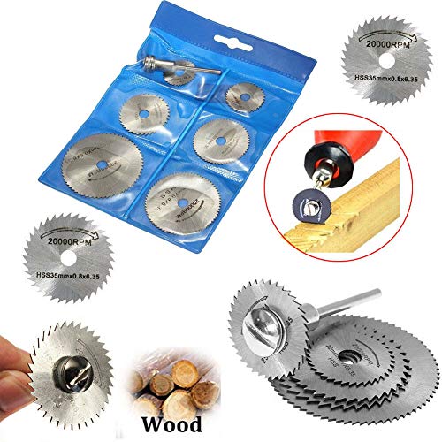 Image of DIY Crafts DIY Crafts 5x HSS Circular Wood Cutting Saw Blade Discs + 2x Mandrel Drill For Rotary Tool (Pack 7 Pcs Set, 2 Pcs Mandrel)