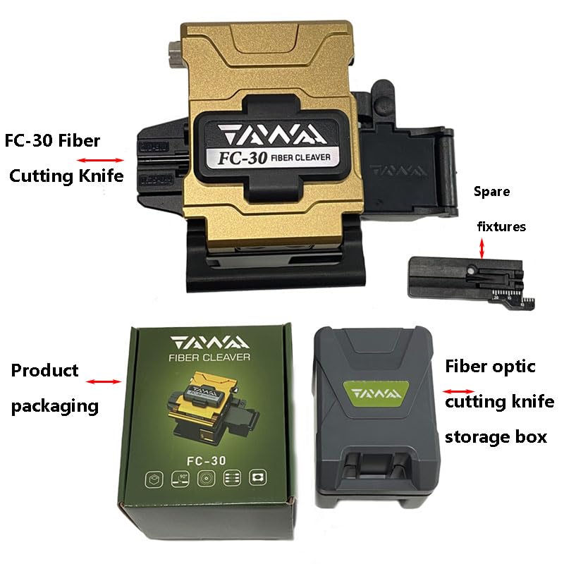 Fiber Optic Cleaver Automatic Stability TAWAA FC-30 Cutter with 48,000 Cleaves Cleaver Angle <0.5° Built in Wast Bin for 250μm 900μm 3.0mm Fiber Cable and Flat Cable Double Fixtures CT-30A Cleaver