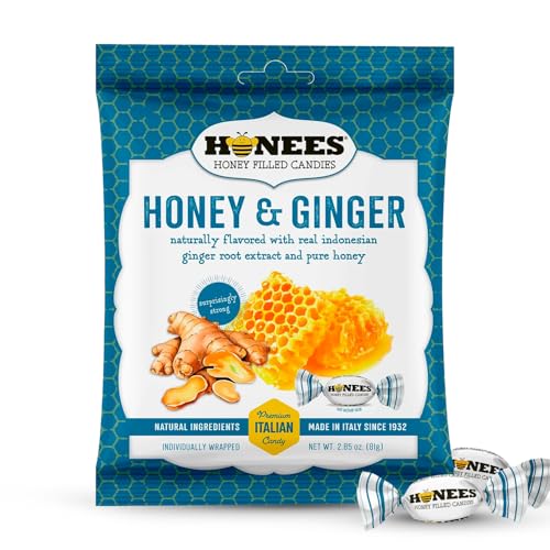 Honees Honey & Ginger Hard Candy Individually Wrapped | Natural & Healthy Candy Italian Made with Real Honey & Indonesian Ginger 1 Pack (2.85 oz)