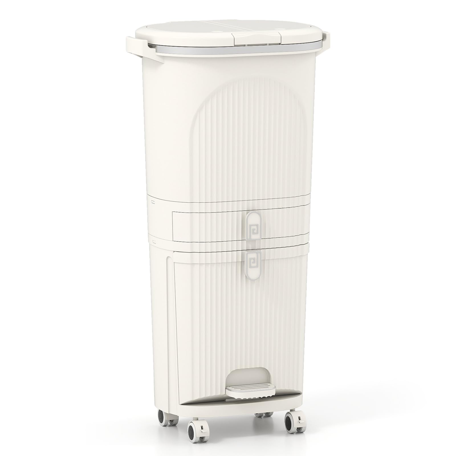COSTWAY Cubo de Basura Cocina Reciclaje de 42L, Papelera de Reciclaje con 4 Compartimentos, 2 Cubos Extraíbles, Cajón, Pedal y Ruedas, Contenedor de Residuos para Cocina, 43 x 29 x 82.5 cm (Beige)