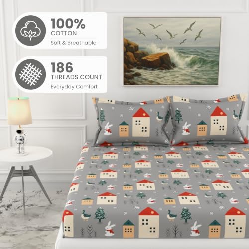 Image of LORETO - A QUALITY LINEN BRAND 186 TC 100% Pure Cotton Double /Queen Fitted Bedsheet with 2 Pillow Covers for 78 x 60 Inch Mattress, All-Around Elastic, 8 Inch Deep Pocket, Grey Bunny