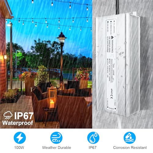 Image of LightingWill LED Driver 100 Watts Waterproof IP67 Power Supply Transformer, 100-240V AC to 24V DC Low Voltage Output, Adapter with 3-Prong Plug 3.3 Feet Cable for Outdoor Use, Computer Project