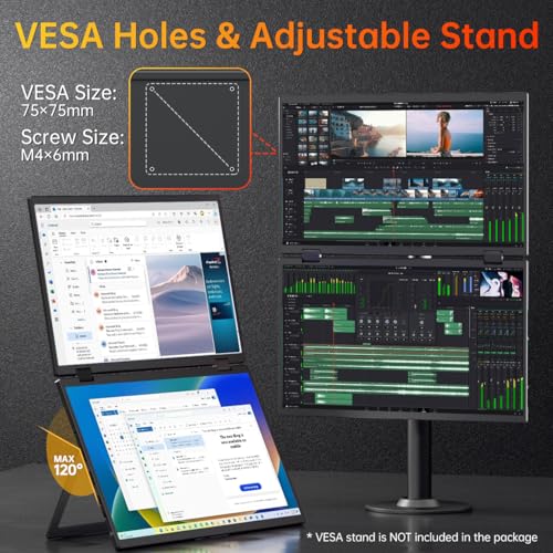 undefined VisionOwl 15.6" Dual Foldable Portable Monitor 1080P, 107% sRGB, ΔE<2, USB-C, HDMI, Stacked Screen Extender, DisplayLink Compatible, Built-in Kickstand, VESA Holes for Laptop PC Mac Windows の商品画像 4