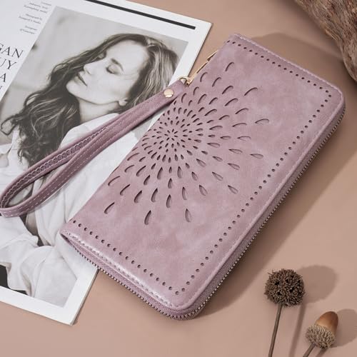 Image of APHISON Wallet Women Large Capacity Clutch Purse For Ladies Card Holder RFID Wristlet Phone Zipper Coin Travel Pocket, 05-purple