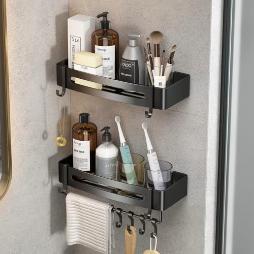 Image of Mustorn Bathroom Organiser Without Drill Adhesive Washroom Storage Organizer Wall Mounted Bath Shelves Gray Bathroom Stand Rack Caddy for Shower Rust-proof with Towel Bar (2-Pack, square)