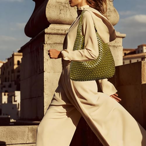 Image of Woven Tote Bag For Women, Large Vegan Leather Travel Handbag, Casual Work Shoulder Bag, Underarm Commuter Hobo Bag With Purse