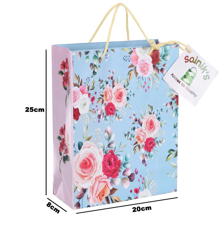 Image of SAINIK'S - ACCESS TO QUALITY Light Blue Flowers Design Paper Bags /Gift Bag, Goodies Bag, Promotional Bag For Wedding Pack of 20 (25 X 20 X 8) CM ,746 gram
