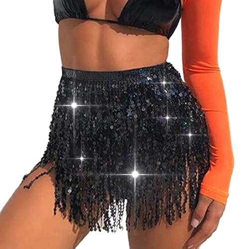 Ushiny Damen Rock Pailletten Quasten Rock Rave Rock Bauchtanz Kostüm Bauchtanz Mini Rock für Damen und Mädchen