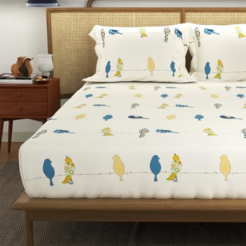 Image of Urban Space Divine 144 TC 100% Cotton Printed Fitted Bedsheet King Size with 2 Pillow Covers (Size 78 x 72 inches, Humming Bird Blue)