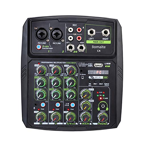 Bomaite C4 Audio Mixer 4-CHANNEL USB Audio Interface Audio Mixer, DJ Sound Controller Interface with USB, Soundcard for PC Recording, USB Audio Interface Audio Mixer, for Live Streaming