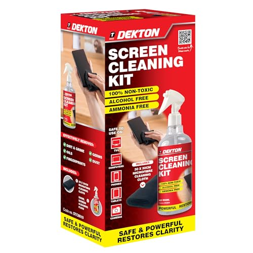 Dekton Kit de Limpieza de Pantalla, sin Alcohol ni amoníaco, Incluye paño de Microfibra de 30 x 30 cm, Seguro para televisores, teléfonos, tabletas, portátiles, cámaras y Todas Las Pantallas