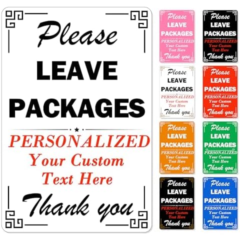 KK JONEIN Custom Metal Delivery Sign for Packages, 12"x8" Waterproof Personalized Sign for Deliveries, Outdoor Customized Deliveries Sign for Home, Gate and Fence(Eye-catching style) Cover