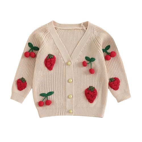 Qiylii Kids Baby Girl Cherry Strawberry Embroidery Cardigan Sweaters Button-Down Thick Knitwear Fall Winter Outwear