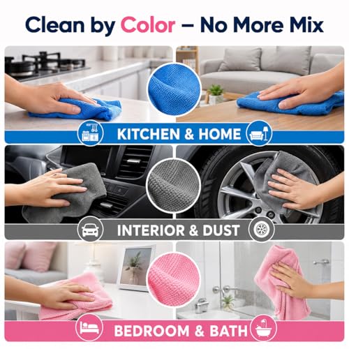 Image of GLIMGLINT Microfiber Cleaning Cloth 150 Pack, Reusable Paper Towels 11 x 9 | Lint Free & Absorbent Cleaning Rags for Car, Home, Kitchen, Glass & Screen, Washable Shop Towel with Box, Pink /Blue /Grey