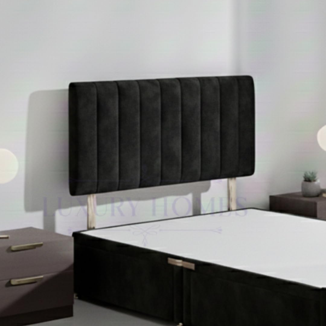 Ribbed Upholstered Bed Headboard, Soft Plush Velvet Fabric, Wall Mounted for Divan Beds (Black Plush, 5ft King Size)