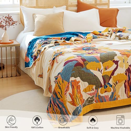 Image of VANJOROY King Extra Large Boho Throw Blanket Oversized 91 inch x 108 inch, 100% Organic Cotton Soft Bed Throw - Floral Bird Butterfly Pattern Farmhouse Blanket for Couch Sofa Chair and Gift.