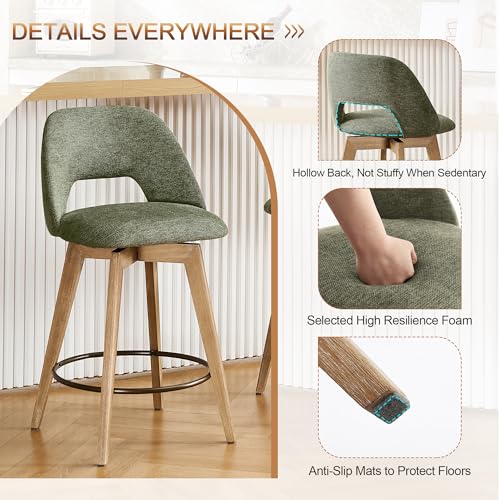 Image of Zesthouse Swivel Farmhouse Bar Stools Set of 4, 26 inch Modern Counter Stools with Open Back & Natural Wood Legs, Upholstered Linen Fabric Counter Height Barstools, High Chairs for Island Kitchen, Green