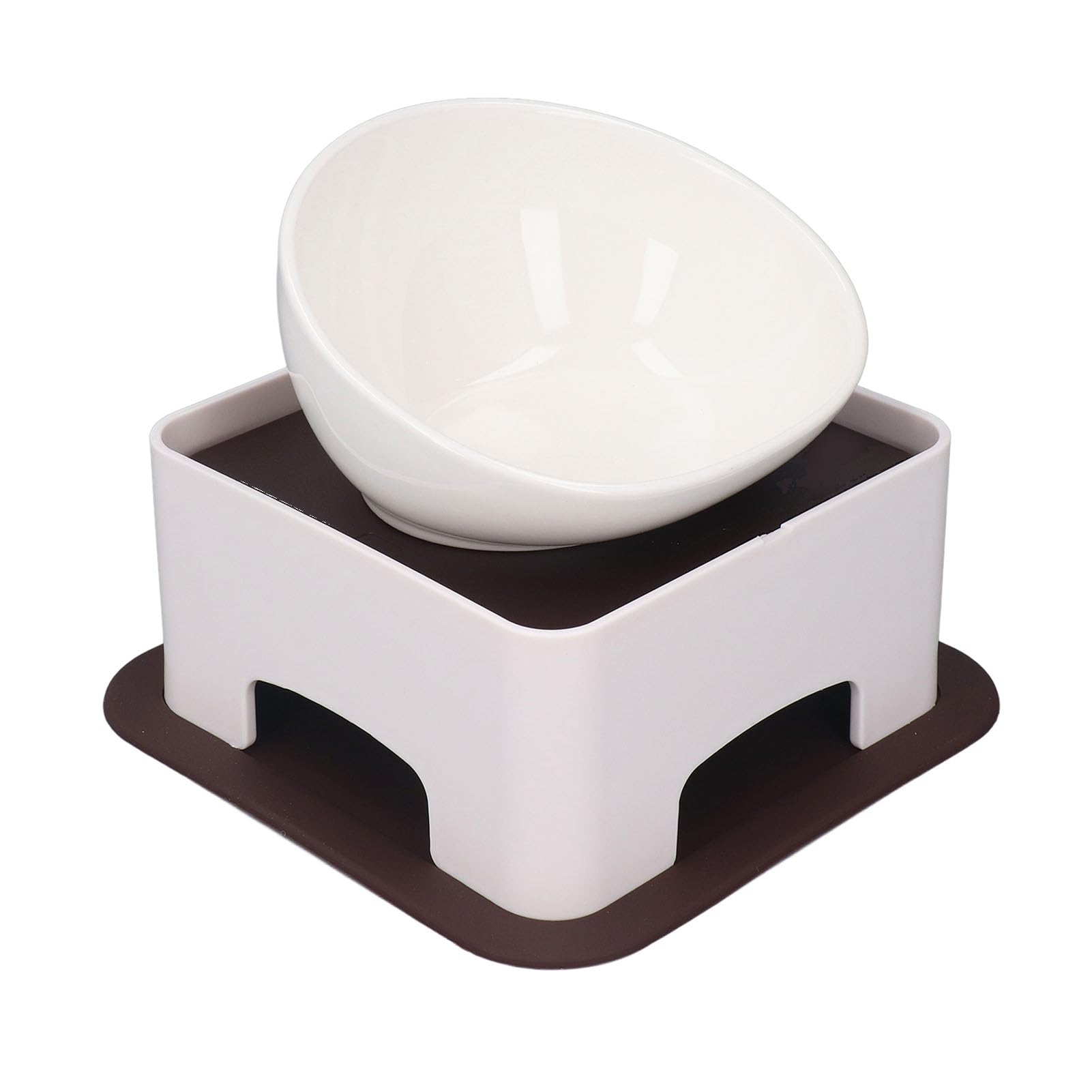 Rengue Bol en Céramique Bulldog, Mangeoire Inclinée Surélevée avec Tapis en Caoutchouc Antidérapant pour Chiens à Face Plate, Chats, Carlins, Bouledogues Français (White)