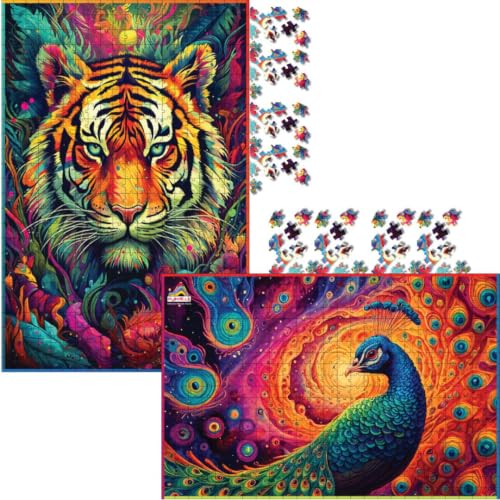Image of Spirit Animal Series Combo: The Fearless Tiger & The Precious Peacock - 2 x 500 Piece Wooden Jigsaw Puzzles for Teens & Adults (Age 13+) | Mindful, Challenging | Gift-Ready Premium Box