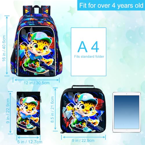 Image of CCJPX 3PCS Kids Backpack for Boys, 16 Inch Panther Water Resistant Preschool Bookbags, Cool Leopard Kindergarten School Backpacks and Lunch Box