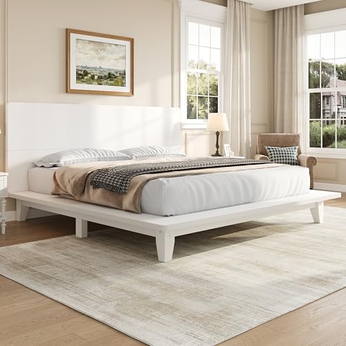 LUMISOL Pine Platform Bed Frame with Headboard, Mid-Century Modern Bed
