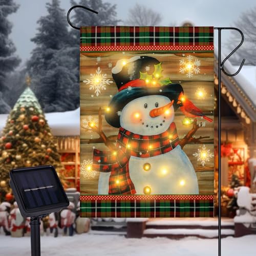 Buffalo Plaid Burlap Lighted Winter Garden Flag - 28x40in Double Sided Christmas Snowman Flag with Solar LED Lights for Outdoor Decorations