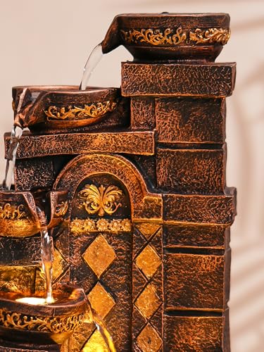 Image of CHRONIKLE Polyresin Designer Table Top Indoor Home Decor 4 Steps Waterfall Fountain with Yellow LED Lights & Water Flow Controller Pump (Size: 40 x 29.5 x 22CM | Weight: 2185grm | Color: Golden Brown)
