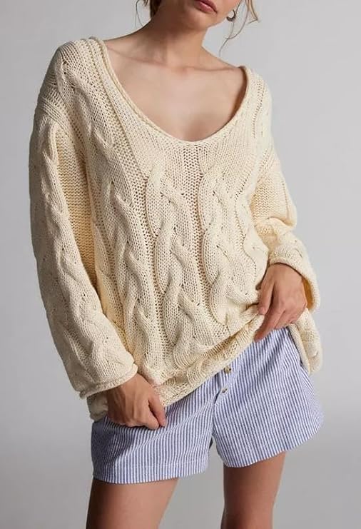 Melliflo Womens Oversized Cable Knit Sweater Fall V Neck Chunky Knit Sweater Casual Pullover Sweater Top - Image 3