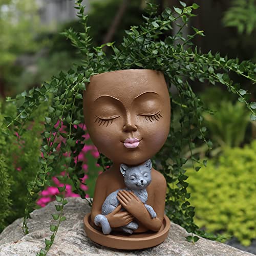 Dolkgy Head Planter Face Pots For Plants, Cute Plant Pots Unique Women Face Vase With Cat For Indoor Outdoor Plants, Resin Head Flower Pots Novelty Face Vase With Drainage Hole Tray, Diy Gifts Idea #TOP9