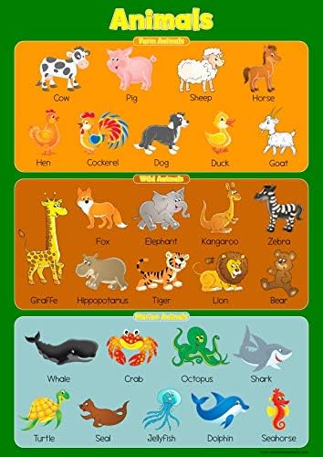 Learn Farm, Wild & Marine Animals Wall Chart Educational Toddlers Kids Childs Poster Art Print WallChart