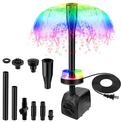 Image of 15W 800L /H Submersible Pond Fountain Pump with LED Lights, Adjustable Quiet Water Pump, Pond Fountain Pumps for Water Feature, Garden, Aquarium Fish Tank with 3 Type Nozzles