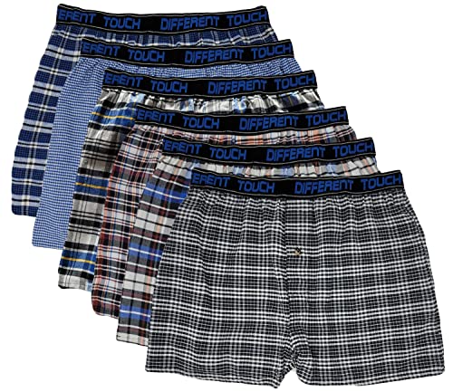 Different Touch Men's Exposed Waistband Woven Plaid Boxer Shorts Underwear (6 Pack)