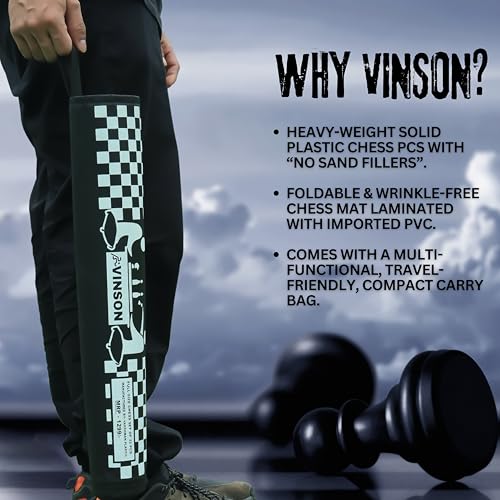 Image of Vinson Tournament Chess Set for Adults & Kids | 18.25 x 18.25 Inch Foldable Vinyl Board with Solid Plastic Chess Pieces, 2 Extra Queens & Zipper Storage Bag | Professional Portable Game Set (Black)